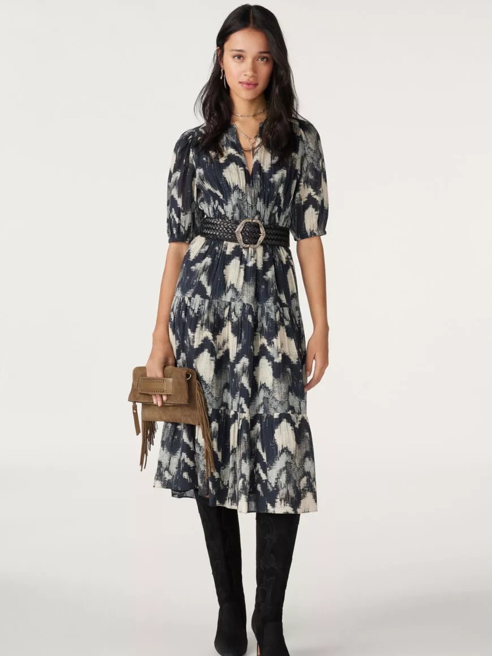 BA&SH Anissa Abstract Print 100% Cotton Midi Dress in Navy Cream Black Medium